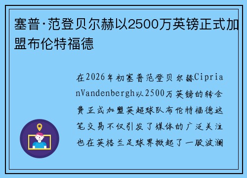 塞普·范登贝尔赫以2500万英镑正式加盟布伦特福德