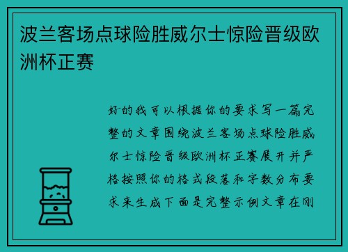 波兰客场点球险胜威尔士惊险晋级欧洲杯正赛 波兰客场点球险胜威尔士惊险晋级欧洲杯正赛